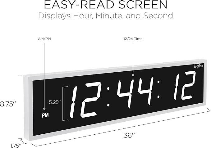 Ivation Oversized 36" Large Digital LED Clock | Big Digital Clock w/Multi-Function Display – Stopwatch, Timer, Alarms, Temp & Date | 6 Brightness Levels, Time Memory & Remote (White)