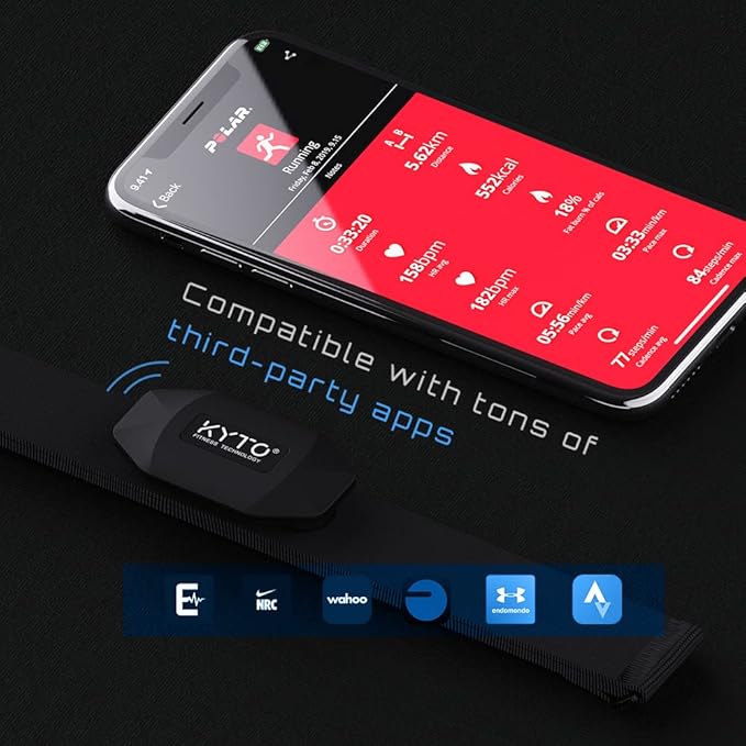 KYTO Heart Rate Monitor Chest Strap - ANT+ & Dual Bluetooth 4.0 HR Sensor, IP67 Water-Resistant, Compatible with Peloton, Zwift, Garmin, Precise HR Tracker for Running & Cycling