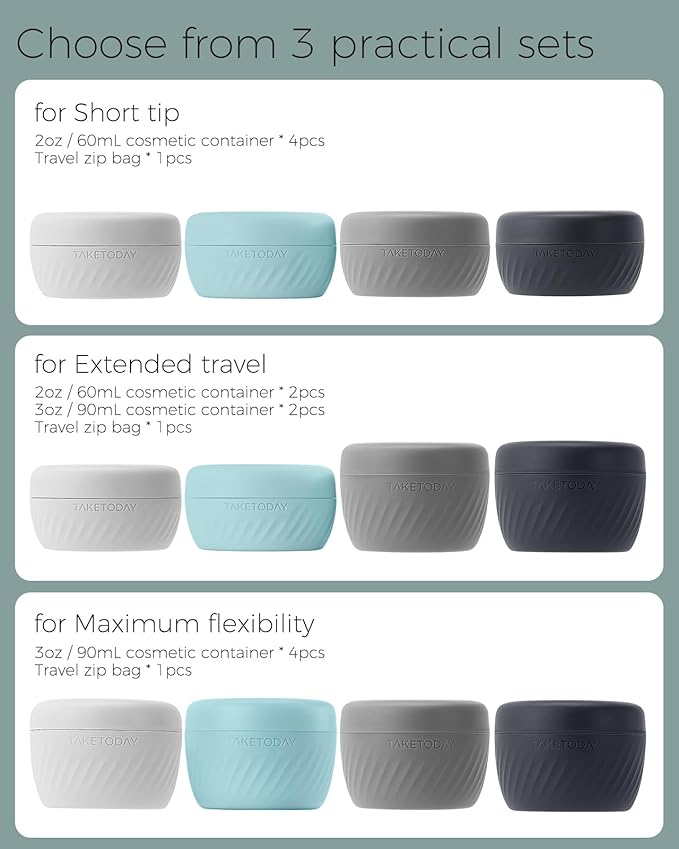 TakeToday Travel Containers for Toiletries, Leak-Proof, TSA Approved, Refillable Silicone Cylindrical Cream Jars with Lid for Cosmetic Toiletry, 2&3oz, 4 Pack, Grey