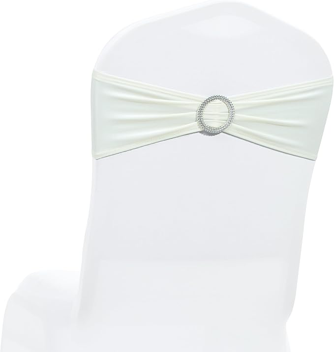 MDS Pack of 75 Spandex Chair Sashes Bow Premium Stretch Chair Cover Band with Buckle Slider Universal fits Elastic Dining Chair Ties for Wedding Party Banquet Events Decoration - Ivory