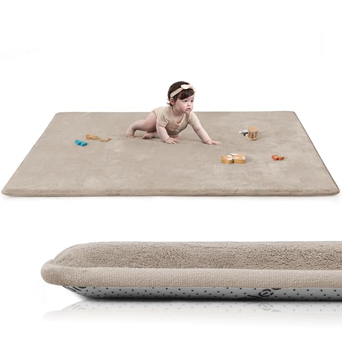 Baby Play Mat for Floor,Extra Large 59"×71" Playpen Mat for Tummy Time,Thicker Padded Elasti Foam Activity Mats,Water Repellent Ultra Soft Velvet,Non-Slip Backing Safe(Beige)