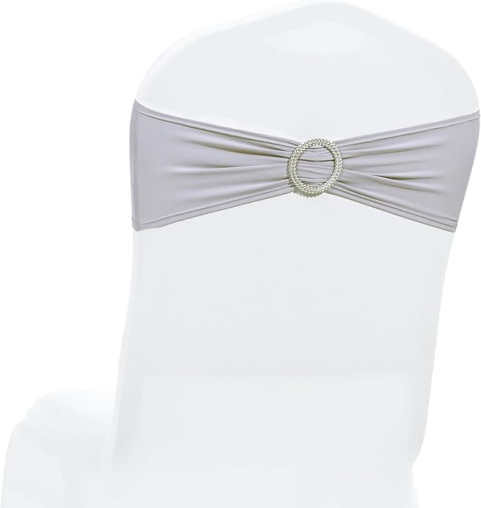 MDS Pack of 150 Spandex Chair Sashes Bow Universal fits Elastic Stretch Chair Bands Ties with Buckle for Wedding Party Banquet Events Decoration Spandex Slider Sashes Bow - Light Silver