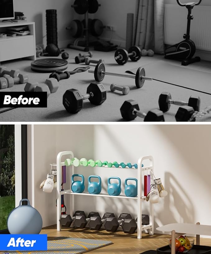 Adjustable Dumbbell Rack, Weight Storage Stand Holder for Dumbbells & Kettlebells, Heavy-Duty Home Gym Organizer with 6 Hook for Home Gym Equipment Accessories (Rack Only)