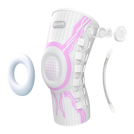 Kuangmi Knob Knee Brace for Pain Relief, Knee Support with Patella Gel Pad & Side Stabilizers, Compression Knee Sleeve for Workout, Arthritis, Joint Pain, Meniscus Tear (Pink White,Left,Medium,Single)