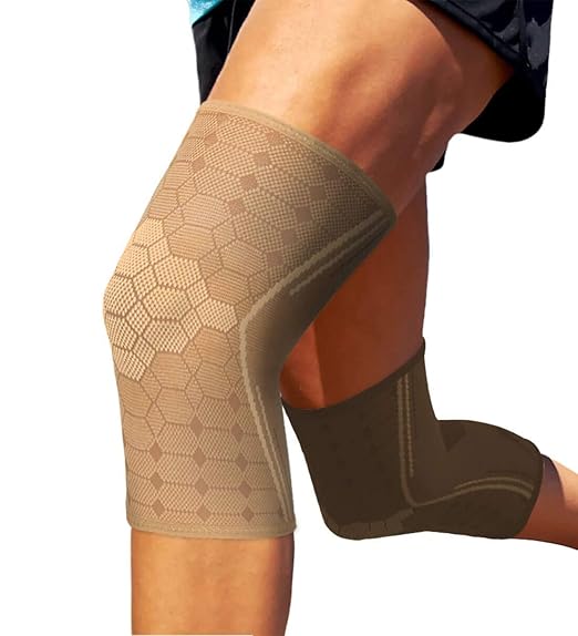 Sparthos Knee Compression Sleeves by (Pair) – Support for Sports, Running, Joint Pain Relief – Knee Brace for Men and Women - Walking Cycling Tennis Workout - Check Size Chart (Beige-S, 7-8½″ Knee)
