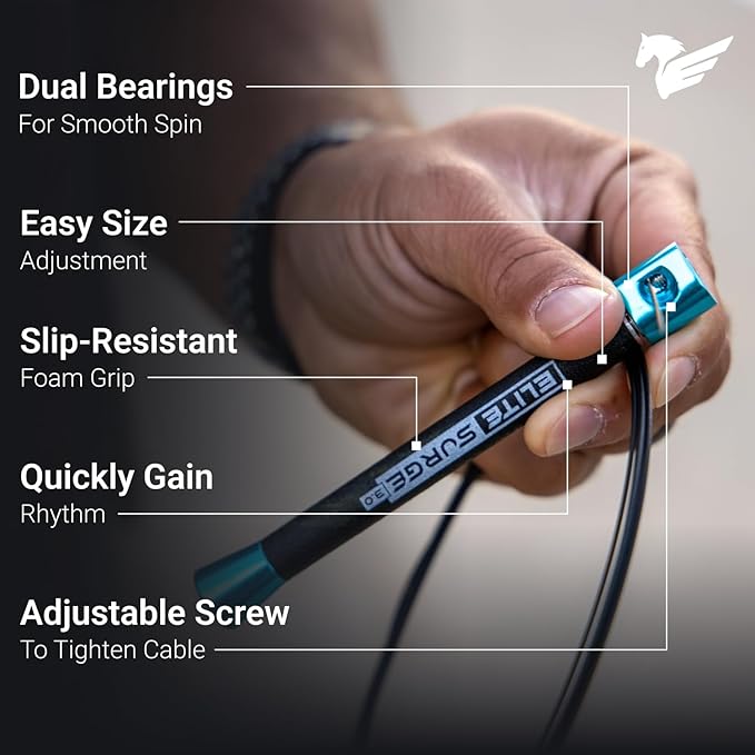 Elite Jumps Surge Professional Speed Rope for Double Unders - Patented Dual Bearing Ultra Light-Weight Handle for Premium Spin Control and Kink-Resistant Cable for fast Speed Jump Rope