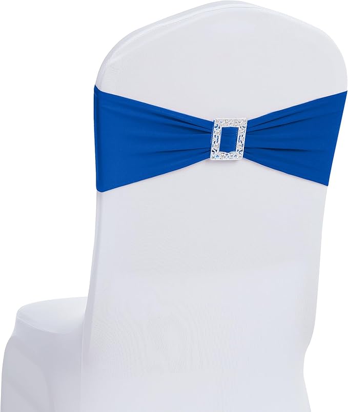 Joccun 60 PCS Spandex Chair Sashes Bows Stretch Chair Cover Band with Buckle Slider Universal Elastic Chair Ties for Wedding Banquet Party Event Decoration (Royal Blue)