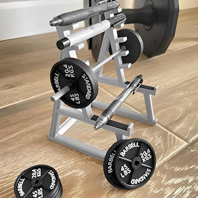 Funny Barbell Pen Holder, Mini Squat Rack Pen Holder Ornaments with 4pcs Weight Plates, Mini Plastic Weight Rack Pencil Holder Home Decor Gift for Fitness and Weightlifting Fans(COLOR:gray black)