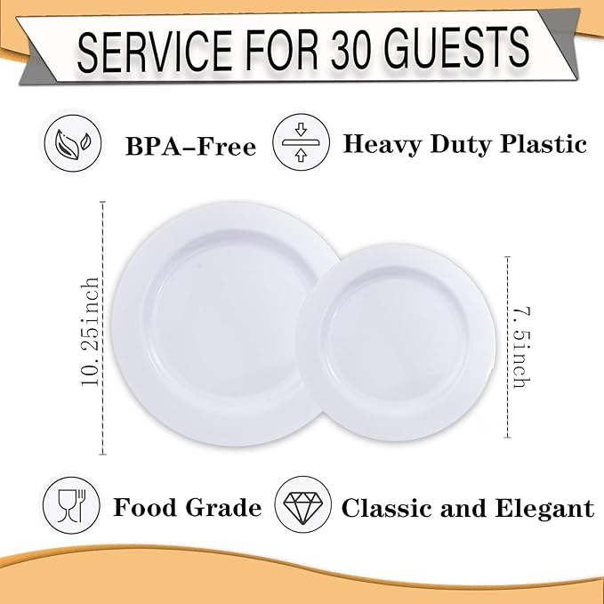 FLOWERCAT 60PCS White Plastic Plates - Heavy Duty White Disposable Plates for Easter Party/Wedding -serve for 30 guests Include 30PCS 10.25" & 30PCS 7.5" Plates for Party