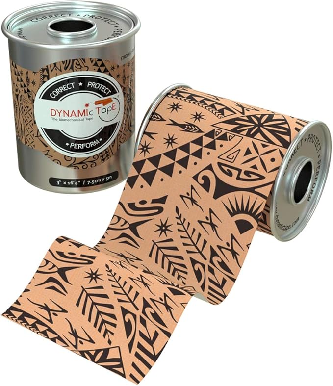 Dynamic Tape Original - Biomechanical Athletic Tape | 4 Way Stretch & Stronger Recoil Than Kinesiology Tape | Designed for Muscle & Joint Load Management | High-Load Sports Use (3" Beige/Black 4pack)