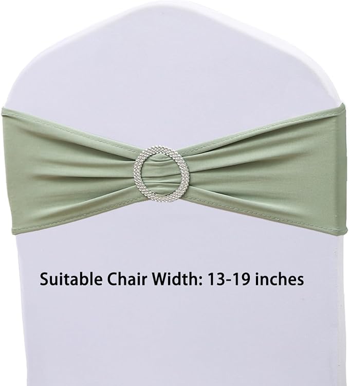 Spandex Sage Green Chair Sashes Bows 50 PCS Stretch Chair Bands with Silver Buckles Slider Universal Elastic Chairs Ties for Wedding Party Birthday Banquet Bridal Shower Engagement Events Decor