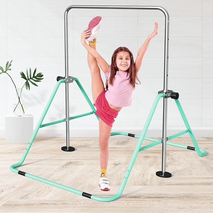 FBSPORT Gymnastics Bar for Kids with Rings,Adjustable Height Gymnastic Horizontal Bars Junior Training Bar Children Folding Training Monkey Bars for Home Using