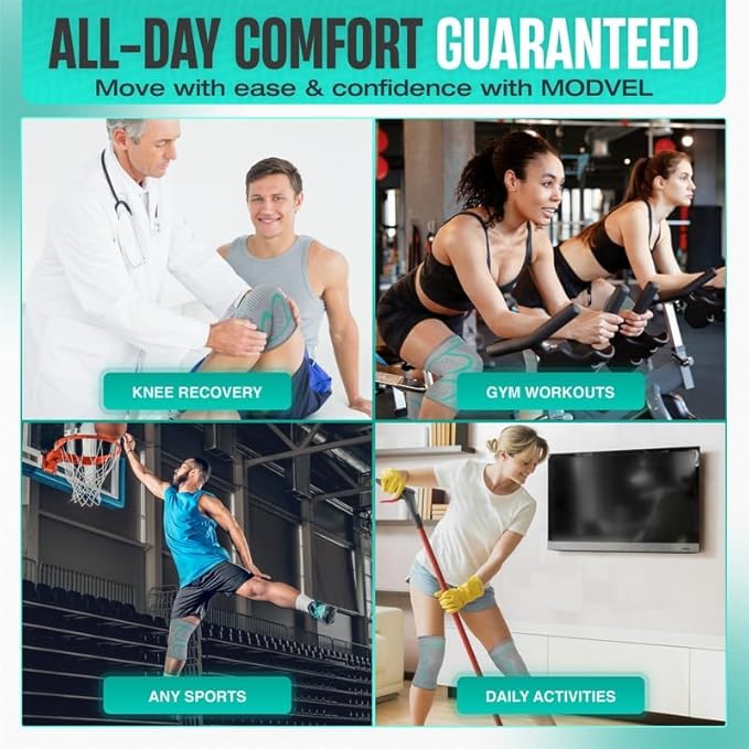 Modvel Compression Knee Brace for Women & Men - 2 Pack Knee Brace for Women Running Knee Pain, Knee Support Sleeve, Workout Sports Braces for Meniscus Tear ACL & Arthritis Pain Relief Grey/Turquoise Medium