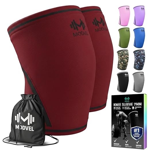 Modvel 7mm Neoprene Knee Sleeves for Men & Women Weightlifting & Powerlifting – Compression Knee Sleeve Support for Squats, Gym, Training – USPA, IPL Approved – Medium Red (Pair)
