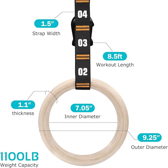 Vulken Wooden Gymnastic Rings with Adjustable Numbered Straps. 1.1'' Olympic Rings for Core Workout and Bodyweight Training. Home Gym Rings 1600lbs with Workout Handles