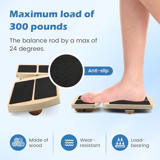 Ankle Balance Board Foot Strengthener, Adjustable Wobble Board with 12 Balls & Balance Rods,18°/24°/30° Tilt Levels, 300lbs Max Capacity, Non-Slip Wooden Trainer for Ankle & Core Stability Training