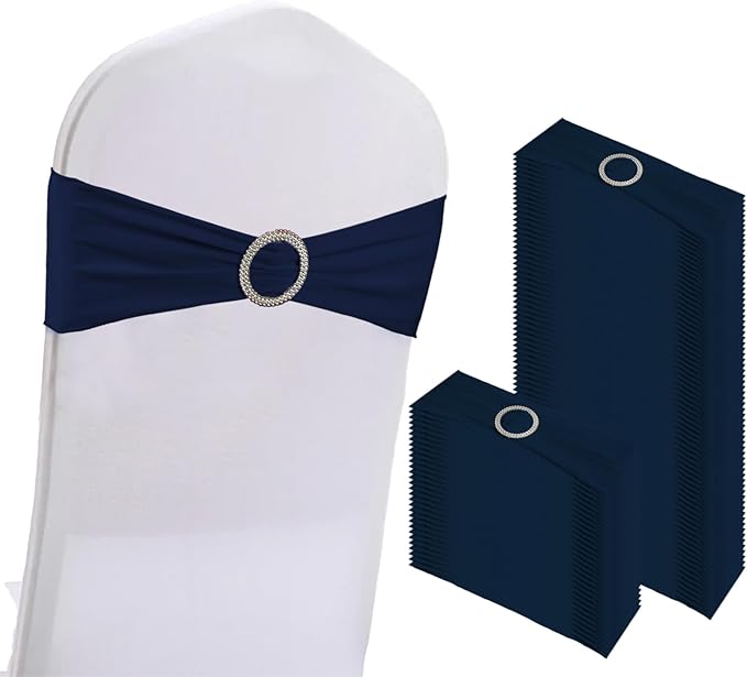 WJWHQ 100PCS Spandex Stretch Chair Sashes Bows Elastic Chair Cover Bands Ties with Buckle Slider for Wedding Party Reception Events Universal Ceremony Banquet Decorations(Navy)