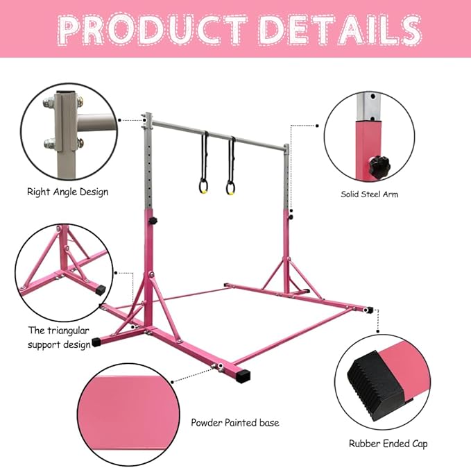 Gymnastics Bar for Kids Girls Ages 3-15 with Ring for Home Indoor Training Equipment- Steady Steel Construction, Anti-Slip, Easy to Assemble, 3' to 5' Adjustable Height