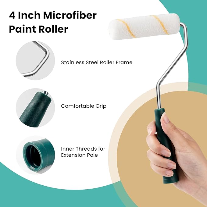 Paint Roller Kit, 13 Piece Paint Roller Tool Kit, Small Microfiber Paint Rollers 4 Inch, Roller Paint Brush, Mini Paint Tray Set, Painting Supplies for Walls Kitchen Cabinet and Home