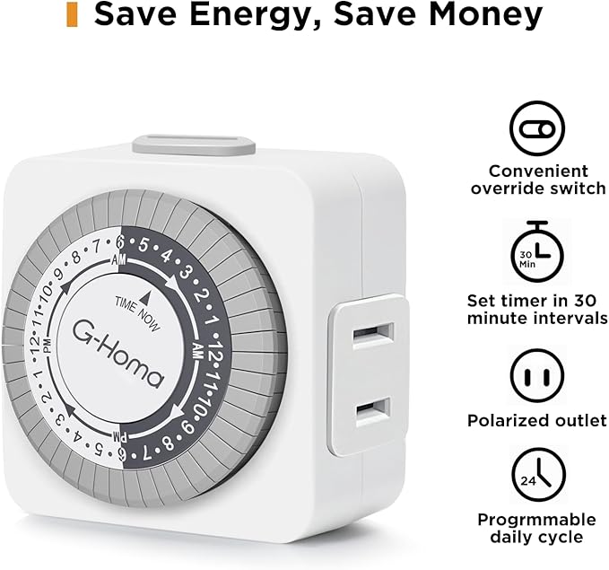 G-Homa Timers for Electrical Outlets,24 Hour Indoor Plug-in Mechanical Timer,30 Minute Intervals, Daily On/Off Cycle,1 Polarized Outlet, for Grow Light,Christmas Lights, Lamps (ETL Listed) 2 Pack