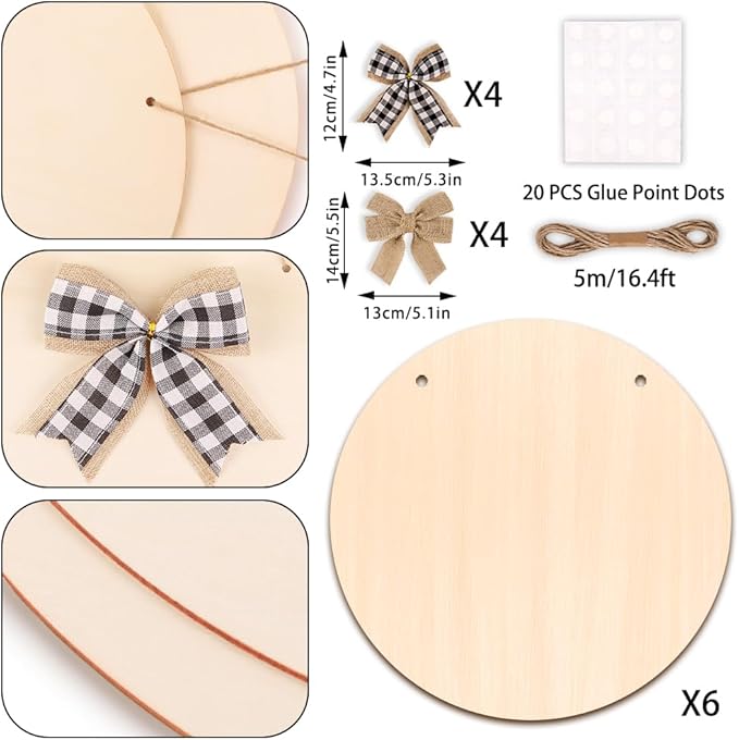 DIYDEC 6 Pack Wood Circles for Crafts 14 Inch Unfinished Wood Slices Blank Wooden Door Hanger Sign Round Wood Discs with Bows Twine Glue Point for DIY Crafts Painting Christmas Home Holiday Decor