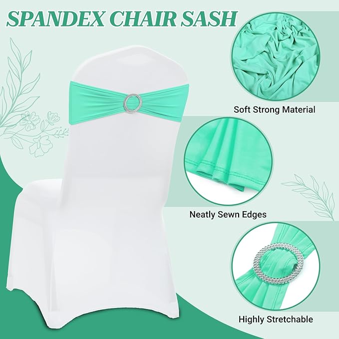 MDS Pack of 150 Spandex Chair Sashes Bows Universal fits Elastic Stretch Chair Bands Ties with Buckle Slider Bow for Wedding Decoration Spandex Slider Sashes Bow - Sea Green