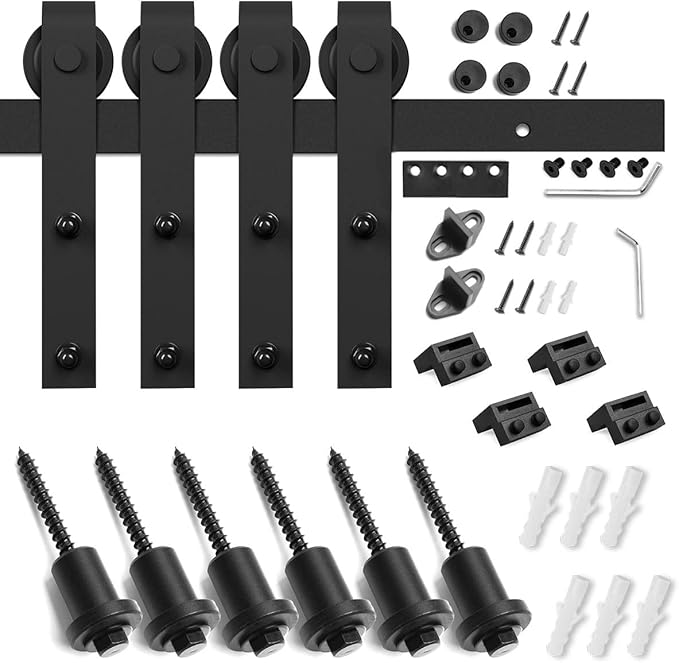 SMARTSTANDARD 8 FT Double Barn Door Hardware Kit, Sliding Door Track-Smoothly and Quietly -Includes Detailed Installation Fit 24" Wide Doorpanel (J Shape Hanger) Black