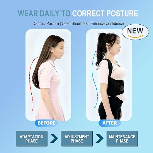 Posture Corrector for Women,Back Brace Adjustable Upper Posture Support, with 3 Thicker Support Ribs, One-Piece Back Design, Spine Alignment & Lower Back Pain Relief (Black, Large)