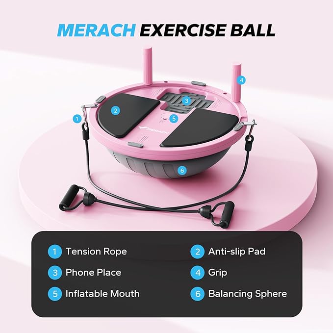 MERACH Balance Ball Trainer, 18 Inch Half Exercise Ball with Resistance Bands and Foot Pump, Half Yoga Ball for Core Strength Training, 450lb Capacity