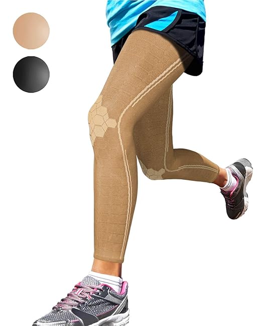 Sparthos Leg Compression Sleeve - Brace for Calf, Knees and Thigh, Recovery, Support for Athletic Sports Running Basketball Lifting Weightlifting - Anti Slip - Mens and Womens (Beige-L)