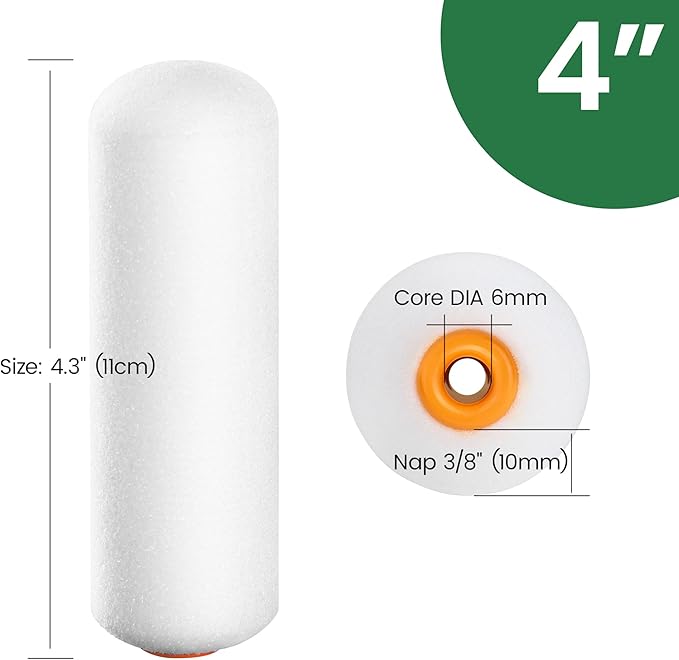 VOOMEY Mini Paint Roller Covers，High Density Foam Paint Roller，4 Inch Foam Roller Paint, 24 Pack,Fits All Flat Surfaces, Including Kitchen Cabinets, Doors, Tables, Etc.