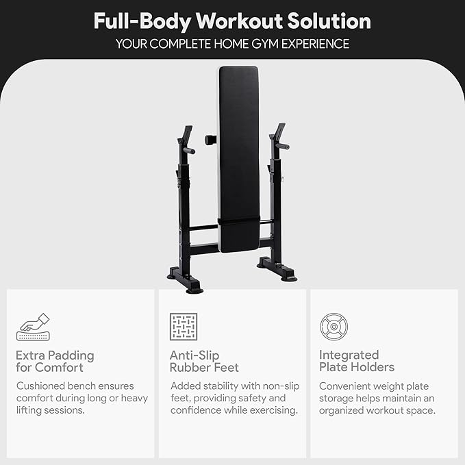 BalanceFrom Steel Weight Bench w/ Squat Rack in Multiple Colors, 400 lb User Capacity - Foldable Home Gym Equipment for Range of Workouts w/ 6-Position Barbell Holder & Adjustable Seat and Recliner