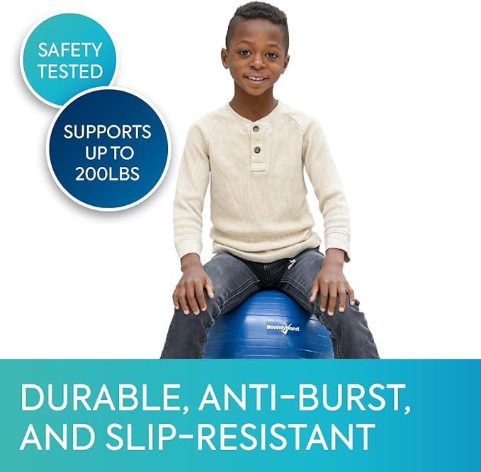 Bouncyband Stability Ball Chair – Balance Ball Seating Improves Focus at School or at Home for Kids Aged 3-10 with 200lb Maximum Weight – 15” x 15” x 20” Kit Includes Fidget Ball and Base
