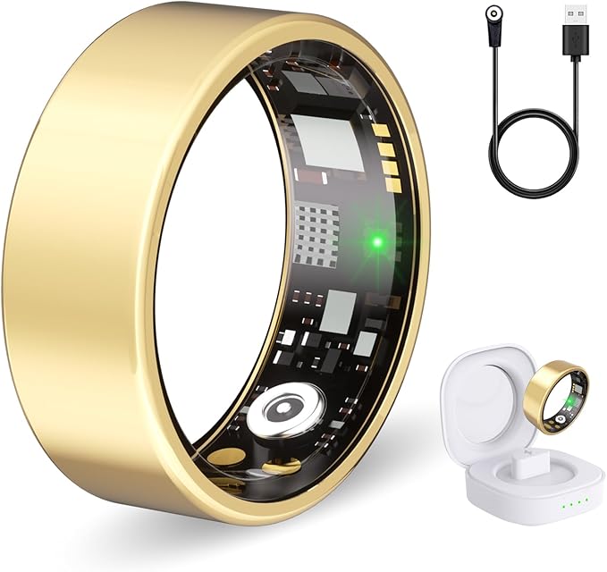 Smart Ring Health Tracker for Women & Men, Fitness Ring with Heart Rate Blood Oxygen, Sleep Monitor, Step Tracker, IP68 Waterproof Compatible with iOS & Android, No Subscription Fee (Gold, 8)