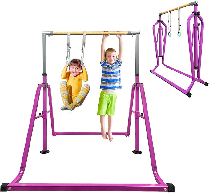 GLANT Gymnastics Bar for Kids with Rings Set, 7 Heights Adjustable Easy Folding Gymnastic Training Bar Kids Monkey Horizontal Bars - Max Load 300LBS