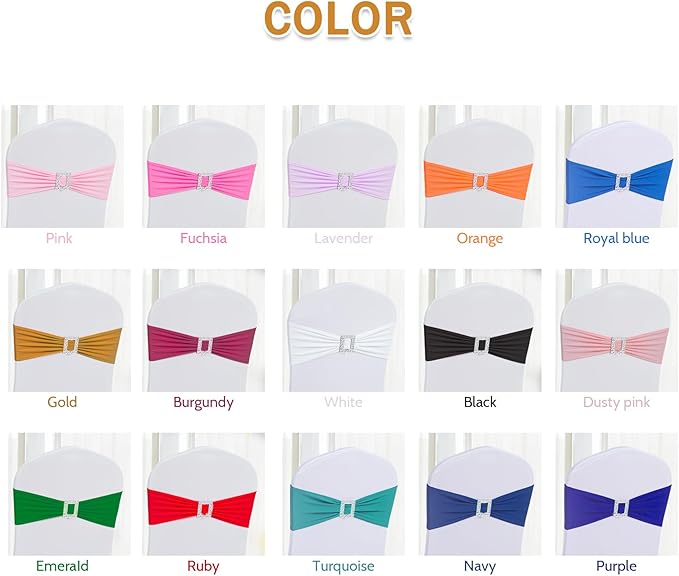 Joccun 120 PCS Spandex Chair Sashes Bows Stretch Chair Cover Band with Buckle Slider Universal Elastic Chair Ties for Wedding Banquet Party Event Decoration (Gold)