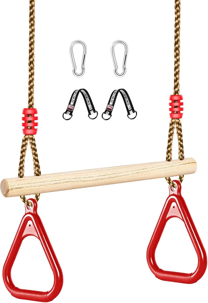 LadyRosian Wooden Trapeze Swing Bar, Adjustable Height Swing Set, Gym Rings, Playground Attachments, 16.5" Monkey Bar for Backyard, Playground, Playroom (Red)