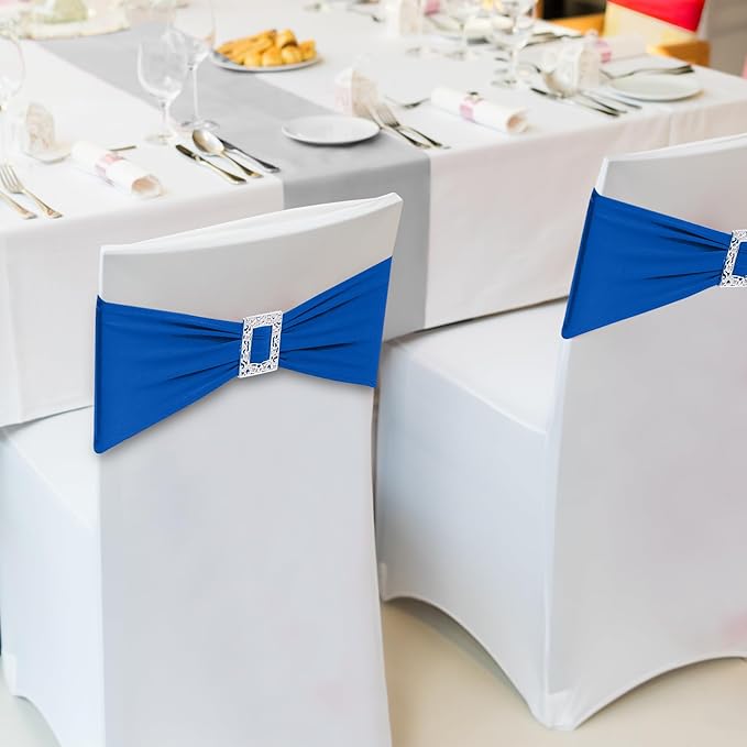 Joccun 60 PCS Spandex Chair Sashes Bows Stretch Chair Cover Band with Buckle Slider Universal Elastic Chair Ties for Wedding Banquet Party Event Decoration (Royal Blue)