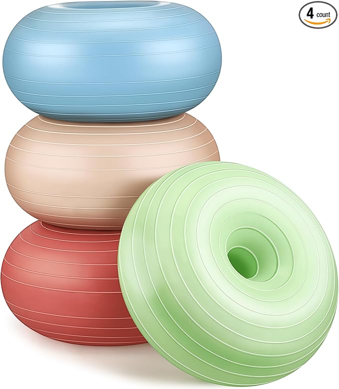 Libima 4 Pcs Flexible Seating for Classroom Inflatable Yoga Ball Chairs with Pump Donut Exercise Ball Chair Cushion Seat for Balance and Stability Training Home Office Gym Workout