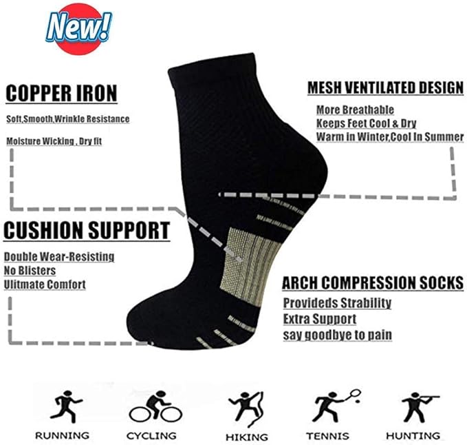 Copper Compression Socks Women and Men 6 Pairs - Circulation Arch Support Plantar Fasciitis Running Ankle Socks