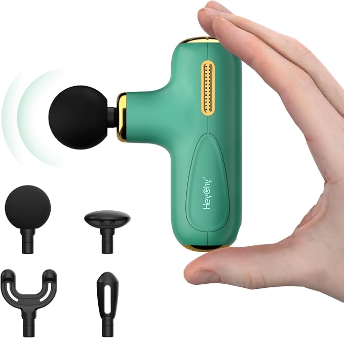 HEYCHY Super Mini Massage Gun Deep Tissue, Handheld Muscle Massager with 4 Heads, Quiet Percussion Travel Size Massager for Back Pain Relief, Home, Gym & Office, Green