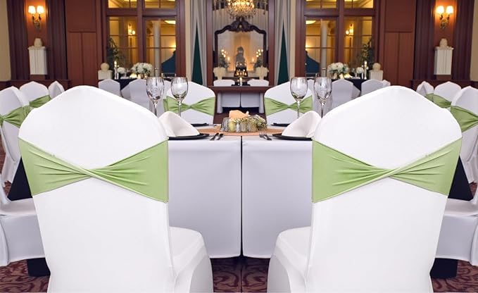MDS Pack of 200 Spandex Chair Sashes Bows Elastic Stretch Dining Chair Bands Ties Without Slider Buckle Universal fits for Wedding Baby Shower Birthday Party Banquet Event Decoration - Sage Green