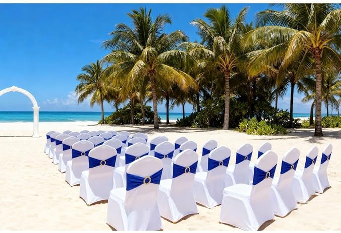 Royal Blue Chair Sashes 50 Pack, Spandex Blue Chair Bows with Gold Buckle for Wedding Decoration, Stretch Blue Chairs Bands for Party Banquet Gender Reveal Décor