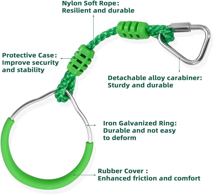 Ninja Jungle Ring Warrior Obstacle Course Trapeze Climbing Fist Swing Playset, 8 Pcs Green Fitness Gymnastic Rings Hanging Monkey Bars Indoor Outdoor Backyard Playground Gym Workout Training Equipment