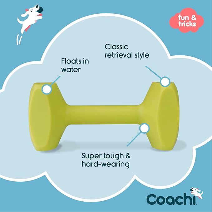 Coachi Training Dumbbell, Floats, Long Distance Throwing, Classic Retrieval Toy, Gundog and Puppy Training. Dog Accessory, Super Tough & Strong, Suitable for Medium Dogs and Puppies (Size M, Lime)