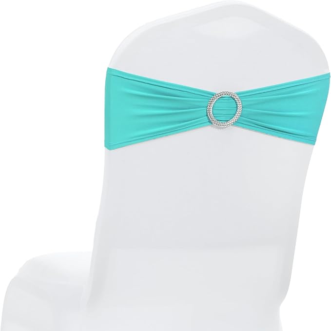 MDS Pack of 25 Spandex Chair Sashes Bow Premium Stretch Chair Cover Band with Buckle Slider Universal fits Elastic Stretch Chair Ties for Wedding Party Banquet Events Decoration - Aqua Blue