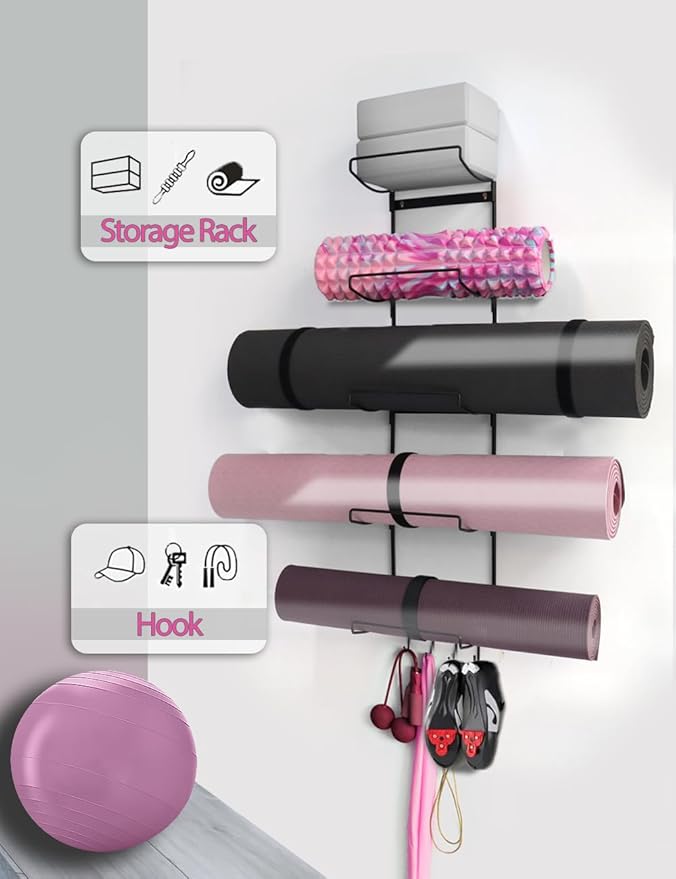 MRZZATA 5-Tiers Yoga Mat Holder Wall Mount, Metal Storage Rack for Mats/Wheels, Foam Roller and Block, Wall Rack with 3-Hooks for Hanging Stretching Strap, Resistance Bands, Yoga Accessories