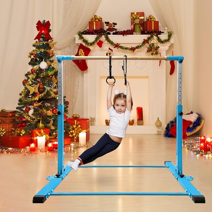 Gymnastics Bar for Kids Girls Ages 3-15 with Ring for Home Indoor Training Equipment- Steady Steel Construction, Anti-Slip, Easy to Assemble, 3' to 5' Adjustable Height