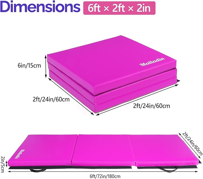 Matladin 6' Folding Tri-fold Gymnastics Gym Exercise Aerobics Mat, 6ft x 2ft x 2in PU Leather Tumbling Mats with Hook & Loop Fastener for Stretching Yoga Cheerleading Martial Arts