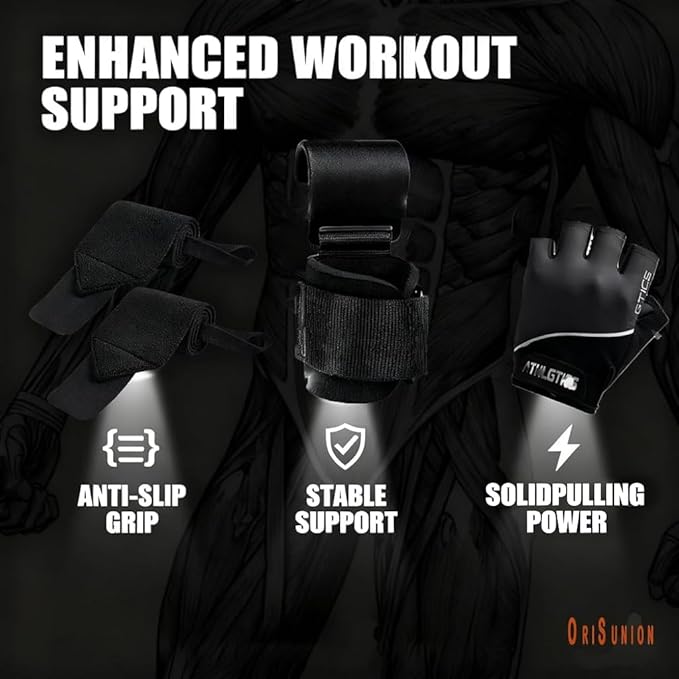 3 in 1 Weight Lifting Gloves with Deadlift Hooks & Wrist Wraps, Available M/L Sizes, Breathable Non Slip Gym Gloves for Men Women, Adjustable Wrist Support for Powerlifting Deadlifts